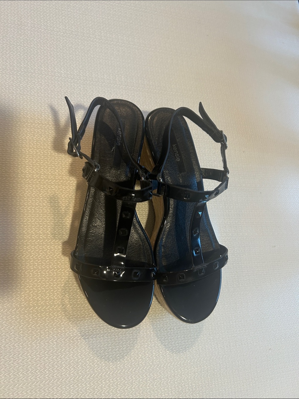 Kensie Black Patent Studded T-Strap Wedge Sandals